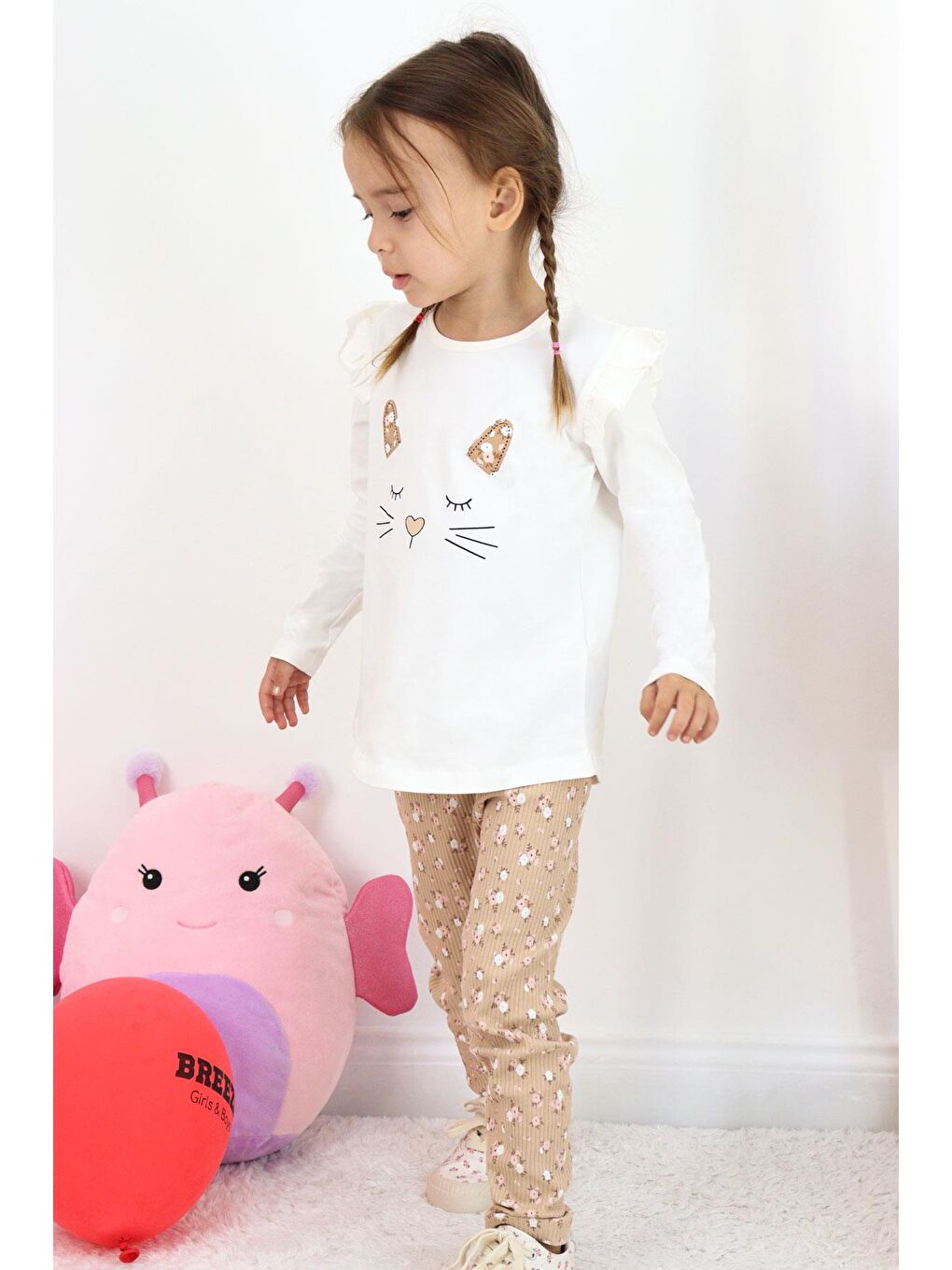 Kız Bebek Taytlı Takım Sevimli Hayvancık Baskılı Çiçekli Ekru (1.5 Yaş)-1