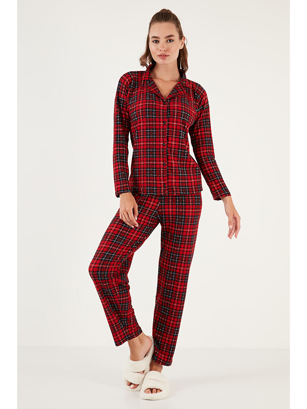 Kırmızı Desenli Beli Lastikli Gömlek Yaka Dokuma Kadın Pijama Takımı 6095660W4-5