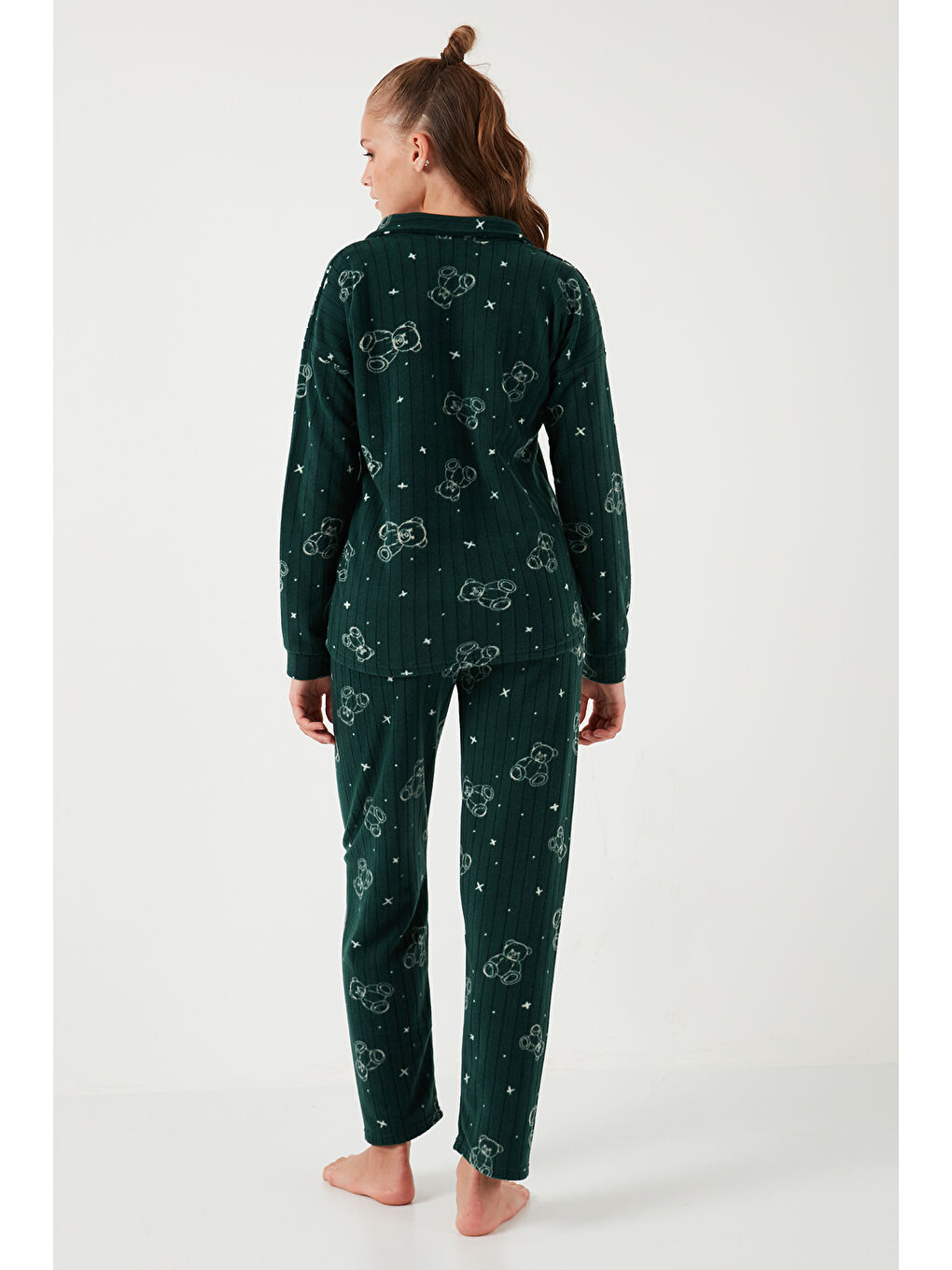 Yeşil Standart Fit Düğmeli Polarlı Kadın Pijama Takımı 6095616-7