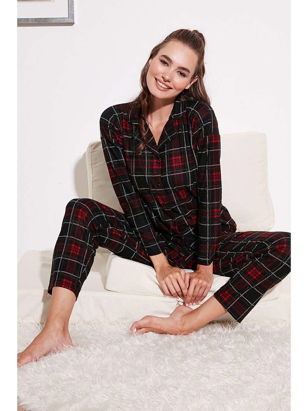 Gri Desenli Beli Lastikli Gömlek Yaka Dokuma Kadın Pijama Takımı 6095660W4-5