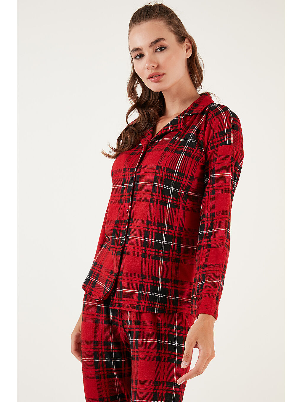 Kırmızı Desenli Beli Lastikli Gömlek Yaka Dokuma Kadın Pijama Takımı 6095660W4-5