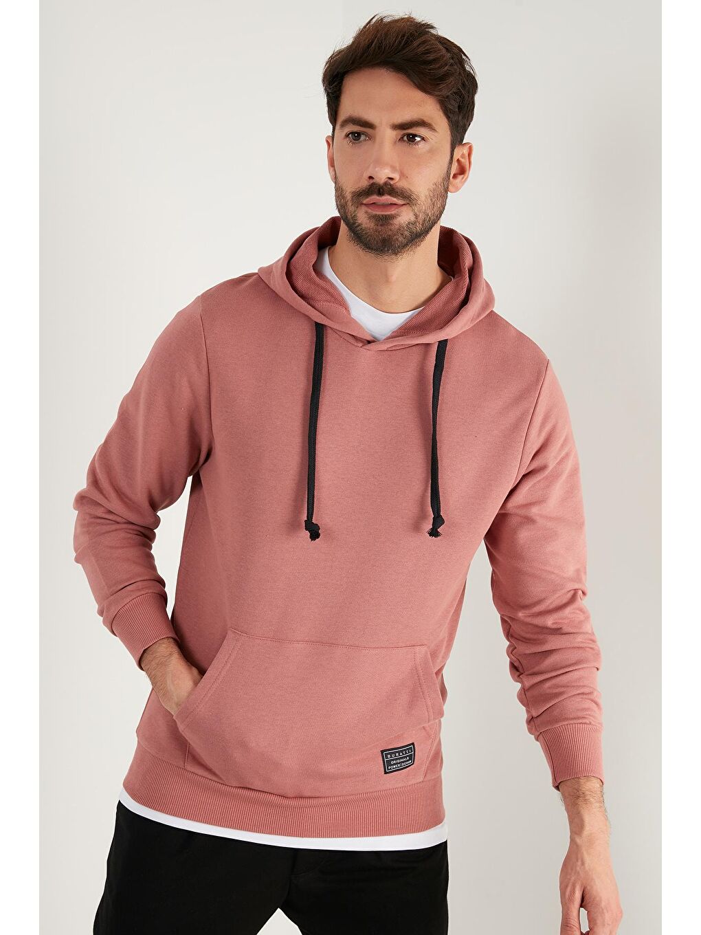 Pembe Pamuklu Kapüşonlu Kanguru Cepli Erkek Hoodie 5905240