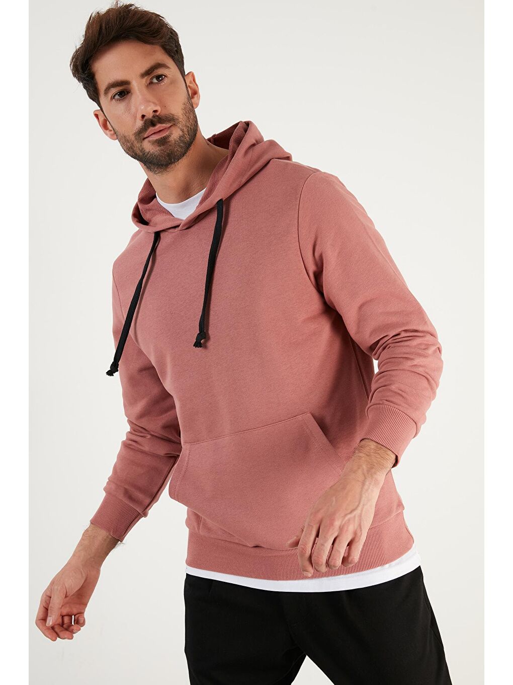 Pembe Pamuklu Kapüşonlu Kanguru Cepli Erkek Hoodie 5905240-1