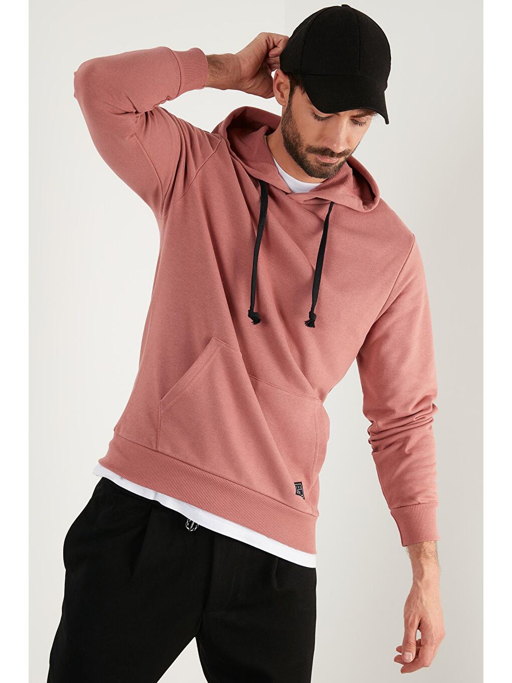 Pembe Pamuklu Kapüşonlu Kanguru Cepli Erkek Hoodie 5905240-2