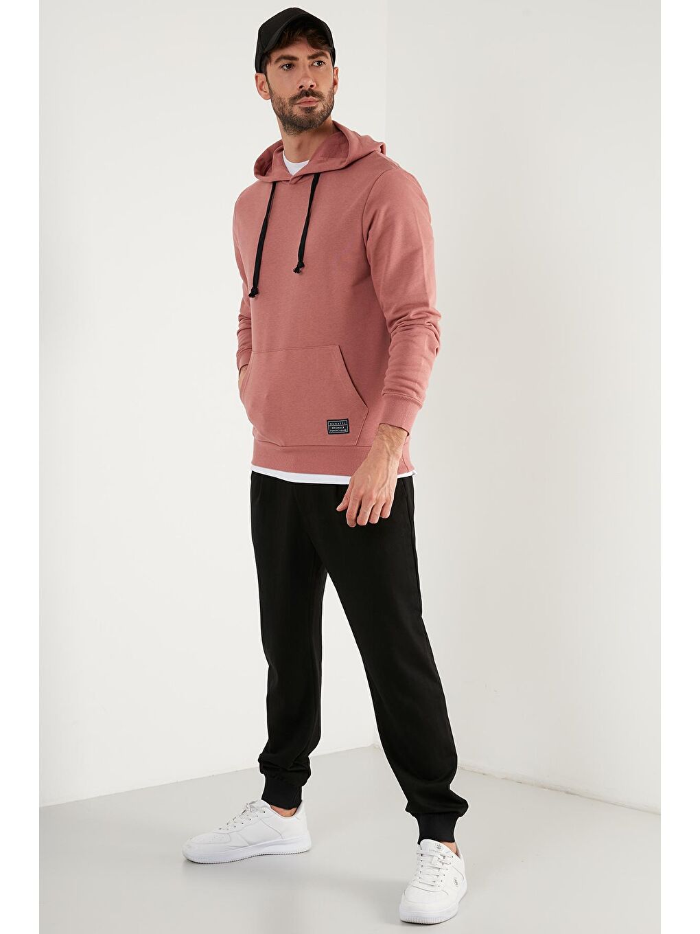 Pembe Pamuklu Kapüşonlu Kanguru Cepli Erkek Hoodie 5905240-3