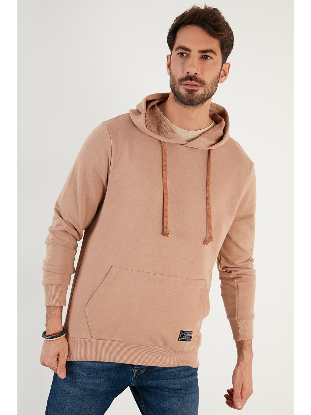Bej Pamuklu Kapüşonlu Kanguru Cepli Erkek Hoodie 5905240