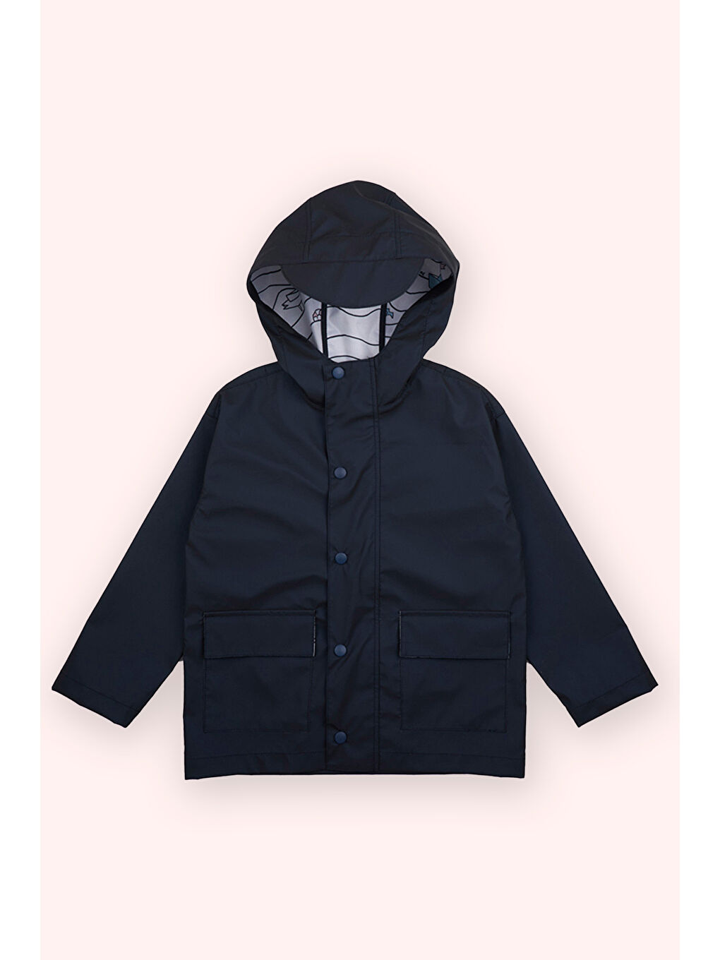 Erkek Çocuk Kapüşonlu İç Bedeni Baskılı Lacivert Yağmurluk