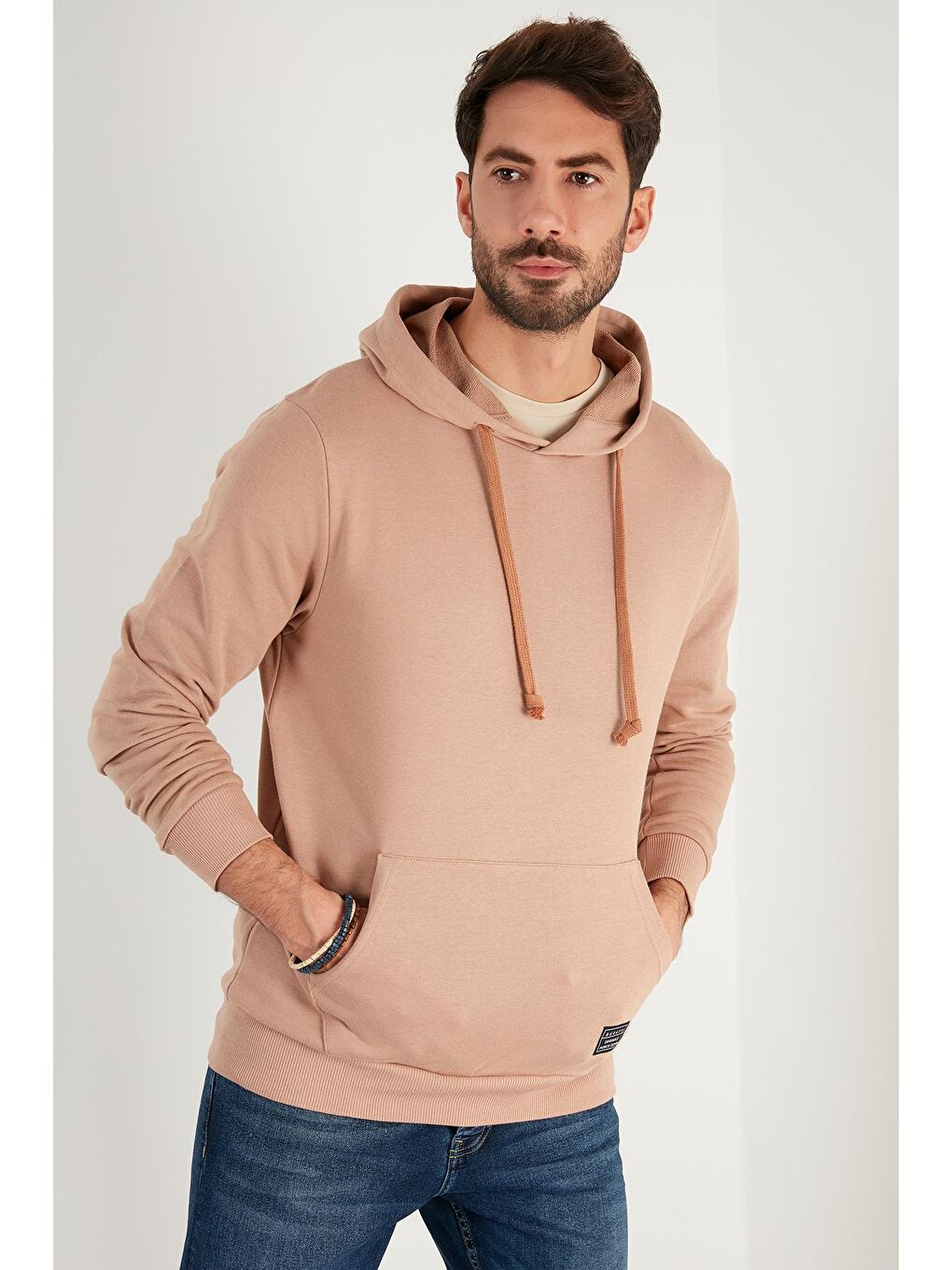 Bej Pamuklu Kapüşonlu Kanguru Cepli Erkek Hoodie 5905240-1