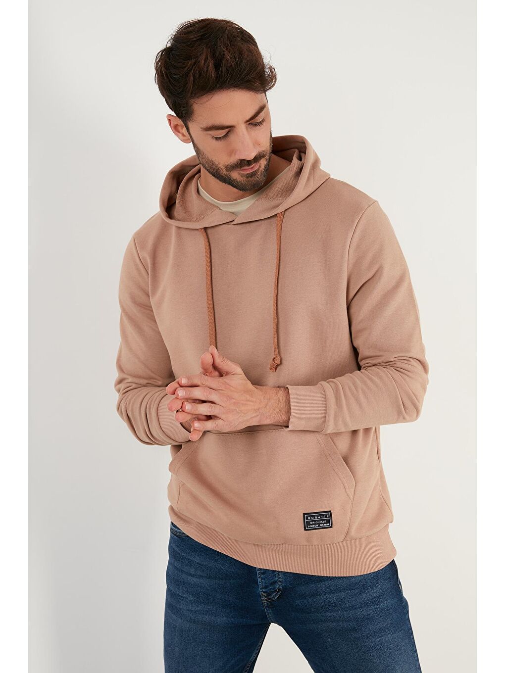 Bej Pamuklu Kapüşonlu Kanguru Cepli Erkek Hoodie 5905240-2