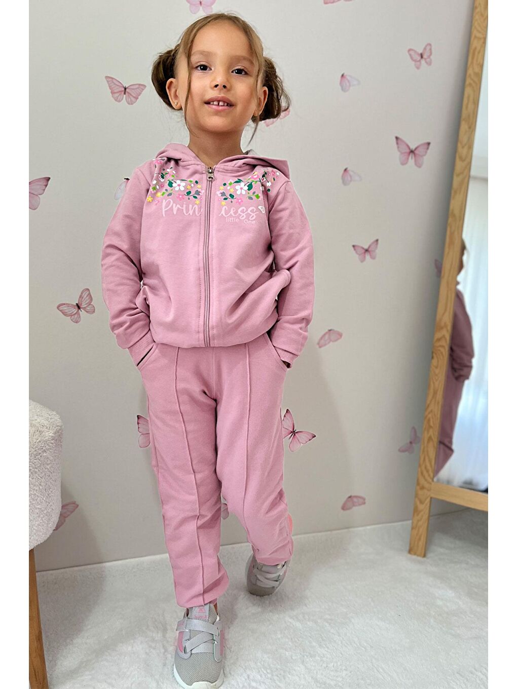 Pembe Kız Bebek Eşofman Takım Renkli Çiçek Desenli Fermuarlı Gülkurusu (1.5 Yaş)