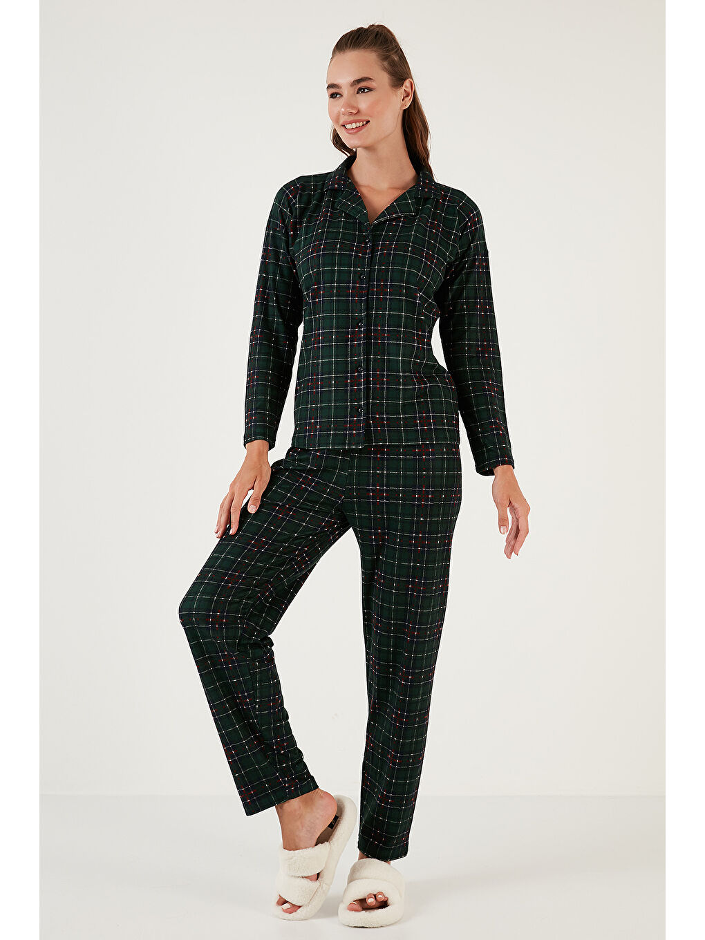 Yeşil Desenli Beli Lastikli Gömlek Yaka Dokuma Kadın Pijama Takımı 6095660W4-5