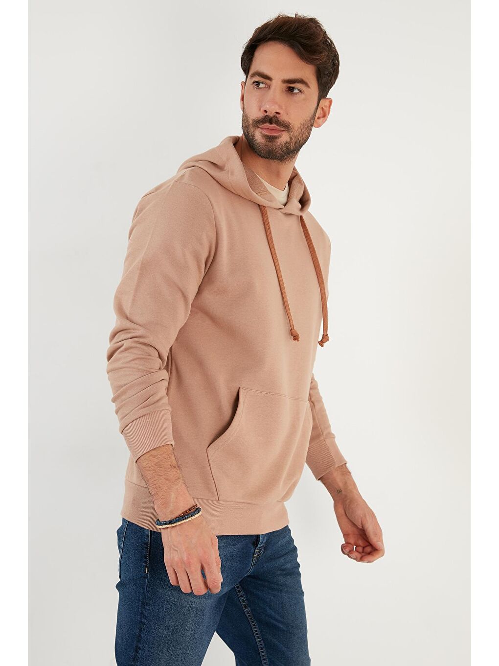 Bej Pamuklu Kapüşonlu Kanguru Cepli Erkek Hoodie 5905240-3