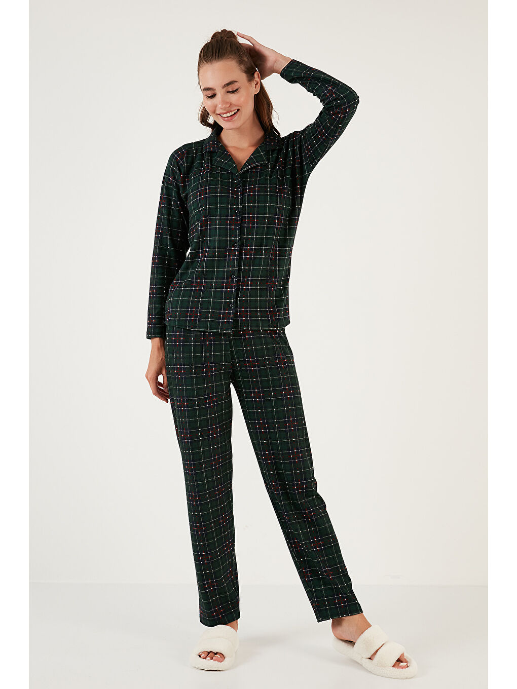 Yeşil Desenli Beli Lastikli Gömlek Yaka Dokuma Kadın Pijama Takımı 6095660W4-6