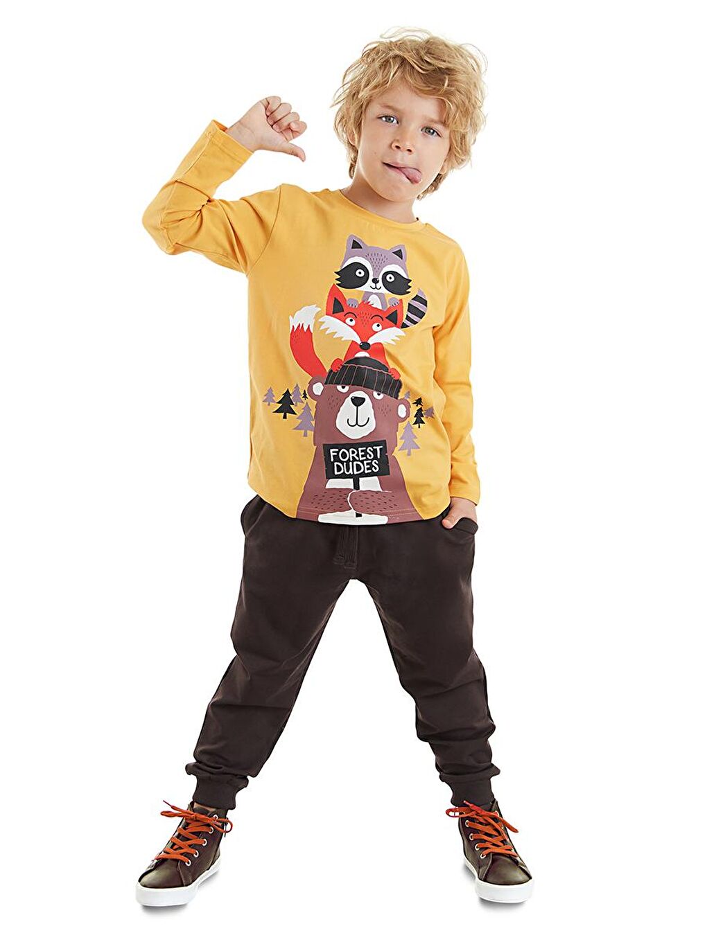 Denokids Hardal-Siyah Forest Erkek Çocuk T-shirt Pantolon Takım