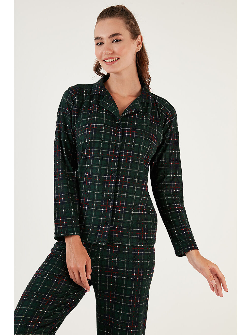 Yeşil Desenli Beli Lastikli Gömlek Yaka Dokuma Kadın Pijama Takımı 6095660W4-7