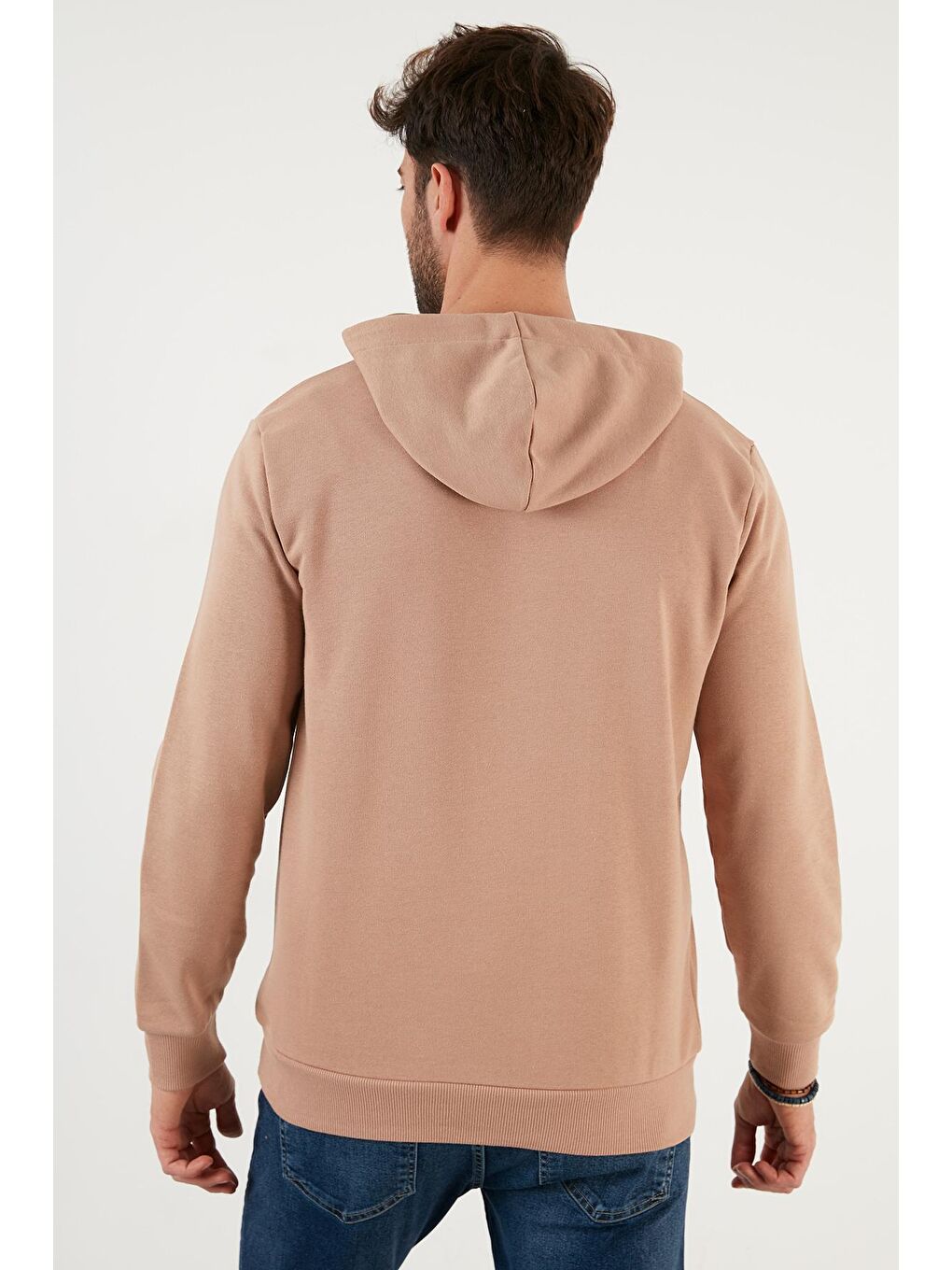 Bej Pamuklu Kapüşonlu Kanguru Cepli Erkek Hoodie 5905240-4