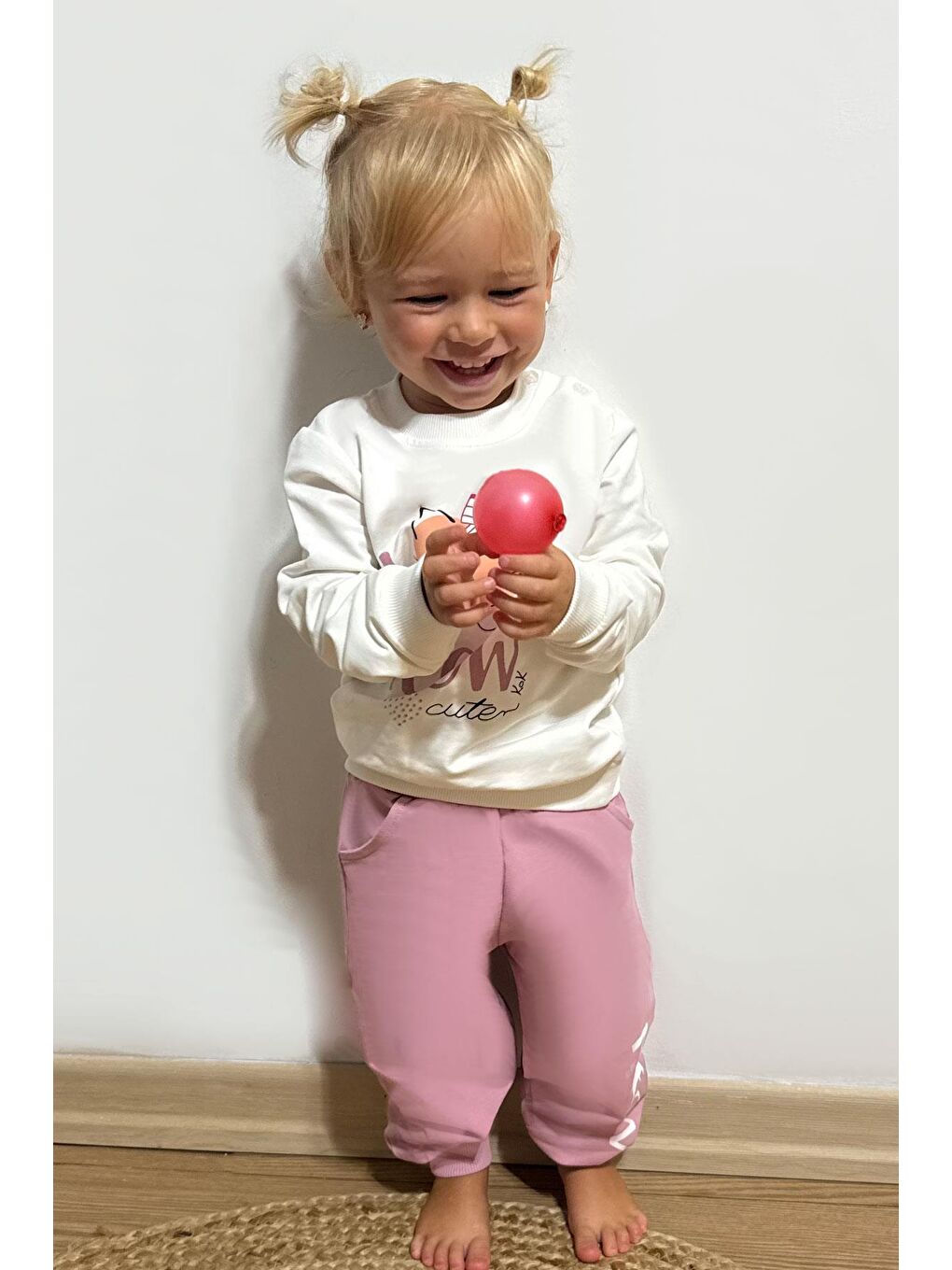 Kız Çocuk Eşofman Takım Sevimli Fiyonklu Kedi Baskılı Ekru (1.5-3 Yaş)-1