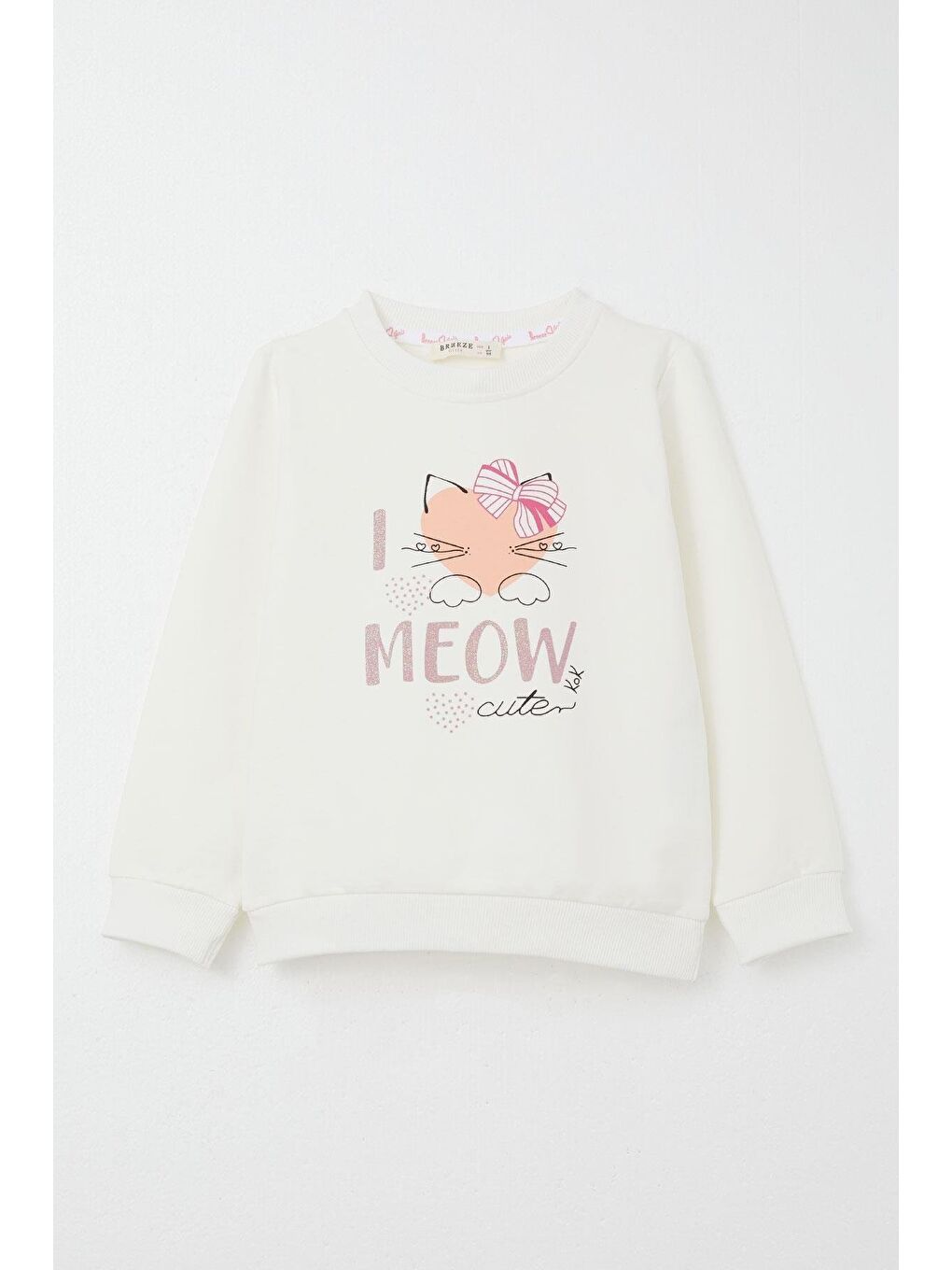 Kız Çocuk Eşofman Takım Sevimli Fiyonklu Kedi Baskılı Ekru (1.5-3 Yaş)-5