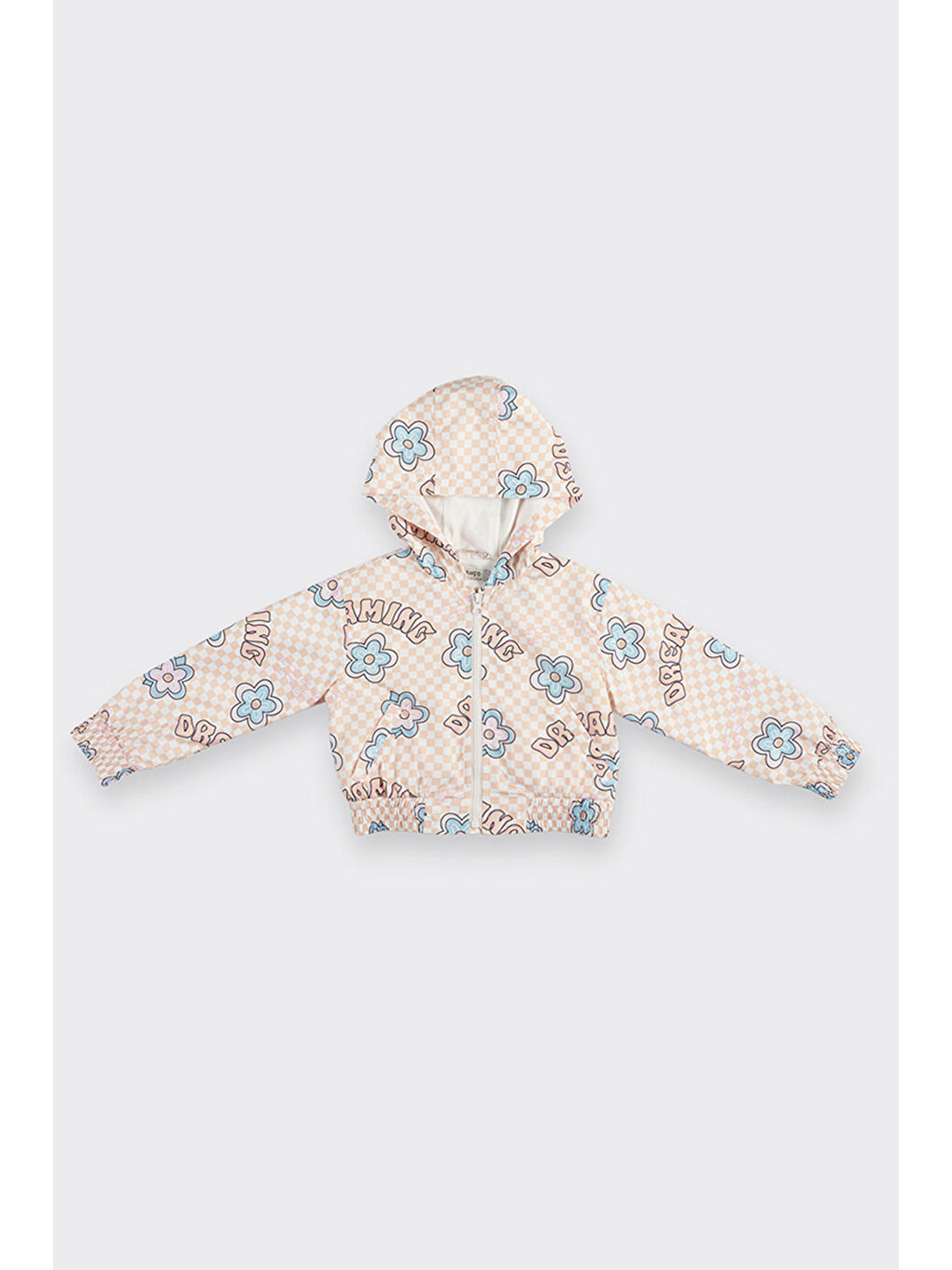 Pembe Kız Çocuk Dama ve Çiçek Desenli Somon Yağmurluk-6