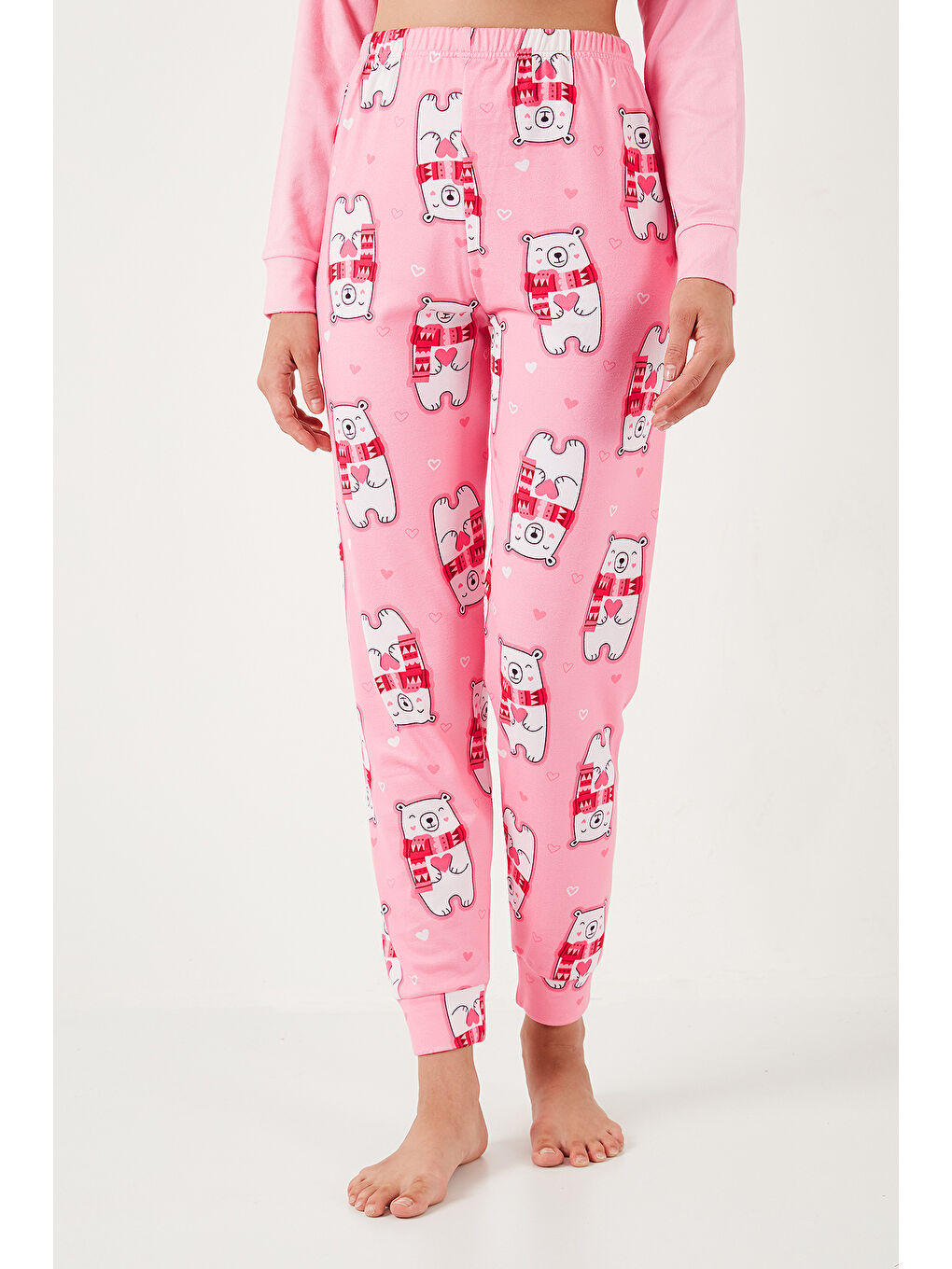 Pembe Streç Standart Fit Bisiklet Yaka Desenli Pijama Takımı 6095700-5