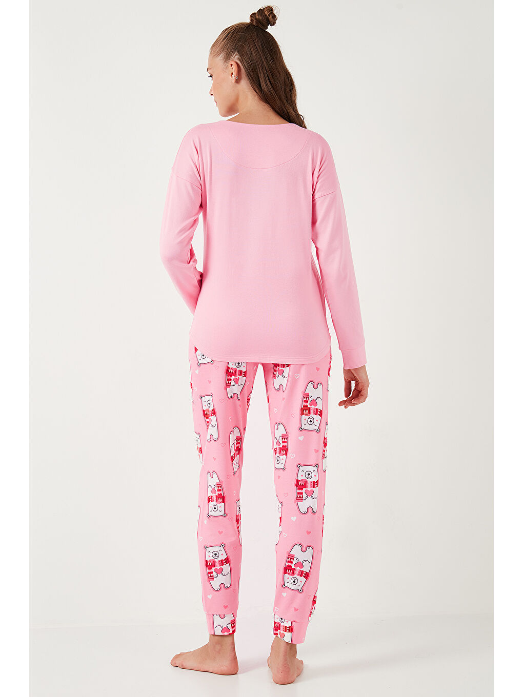 Pembe Streç Standart Fit Bisiklet Yaka Desenli Pijama Takımı 6095700-6