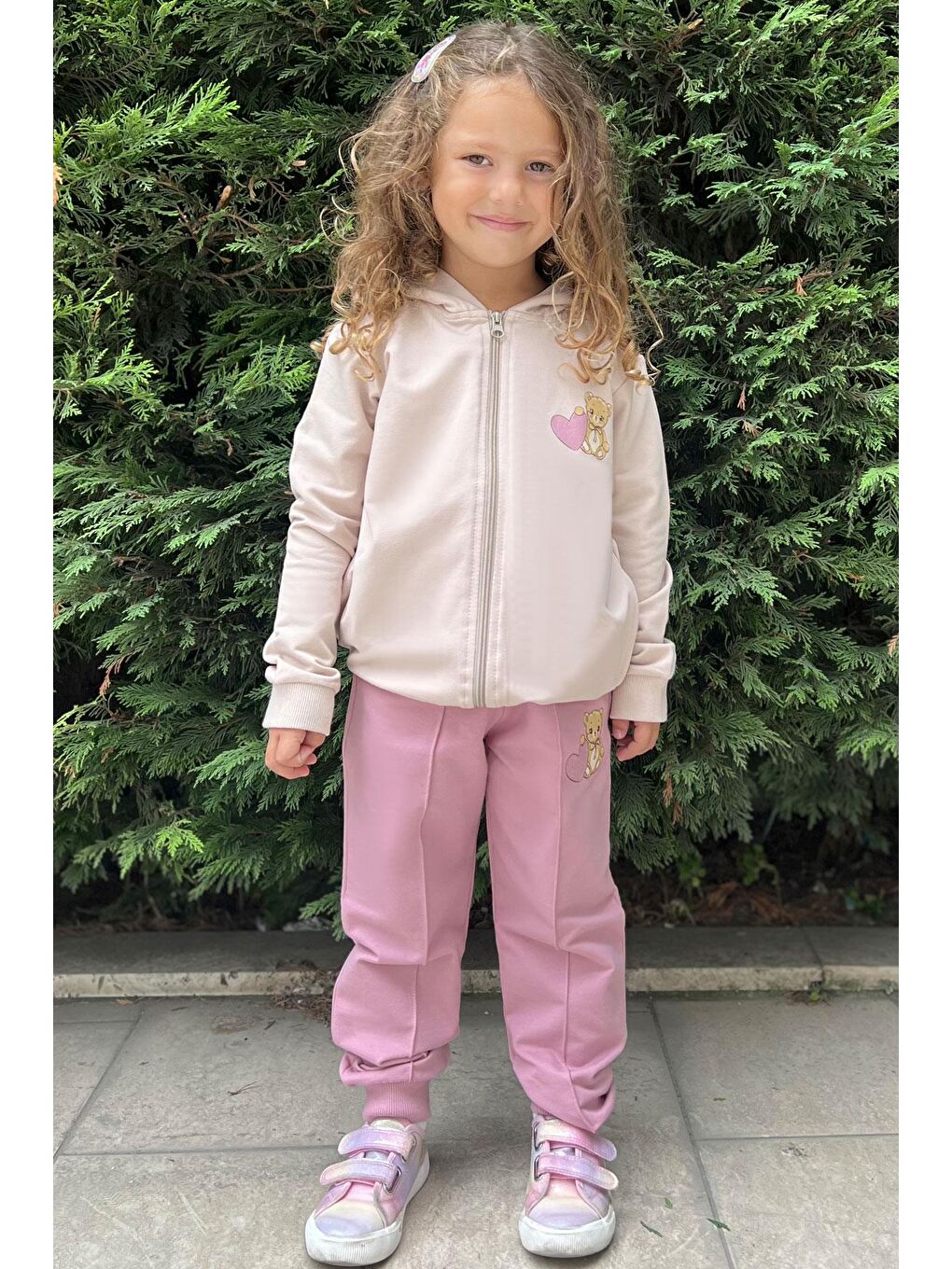 Kız Bebek Eşofman Takım Kalpli Bebek Ayıcık Baskılı Bej (1.5 Yaş)