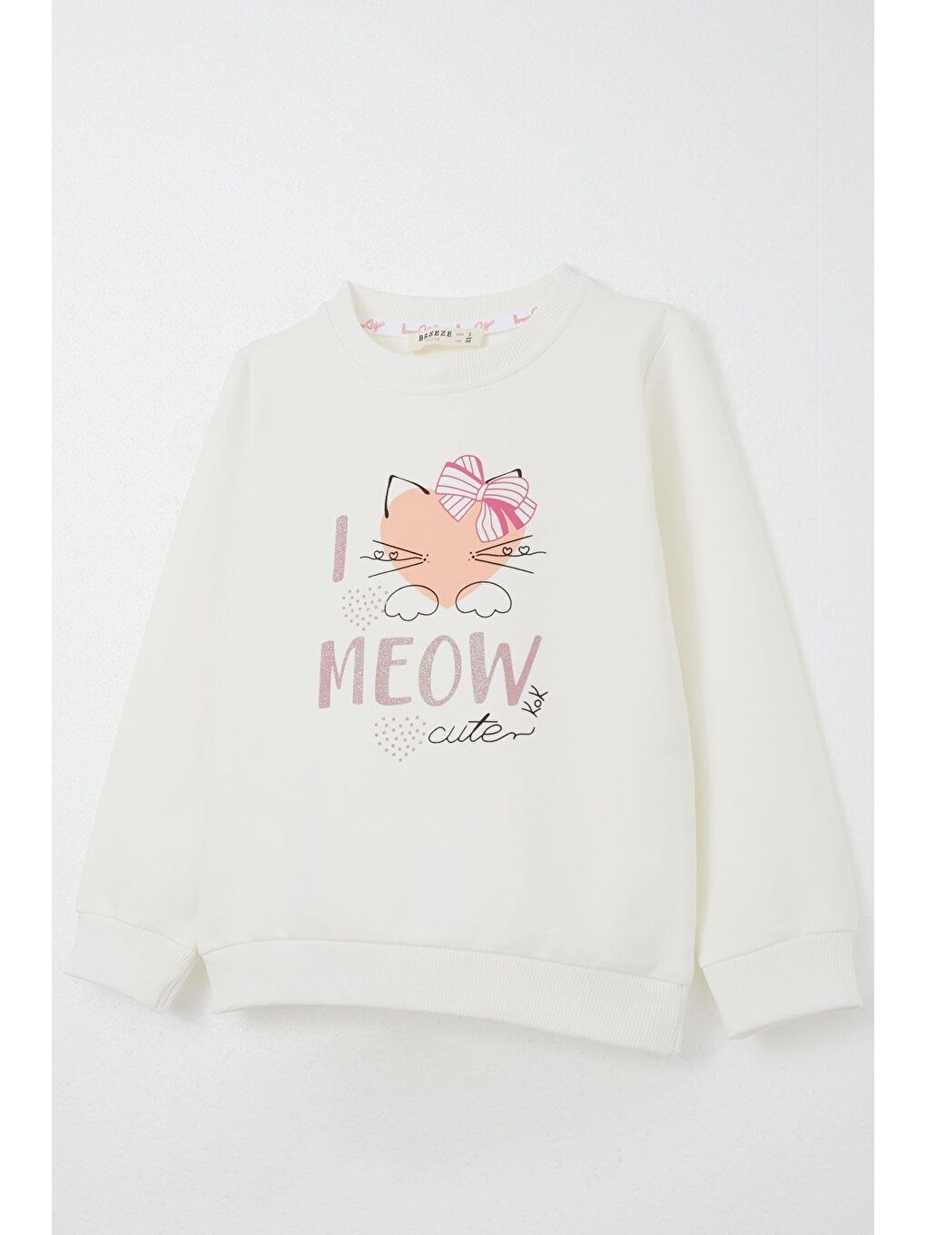 Kız Çocuk Eşofman Takım Sevimli Fiyonklu Kedi Baskılı Ekru (1.5-3 Yaş)-9