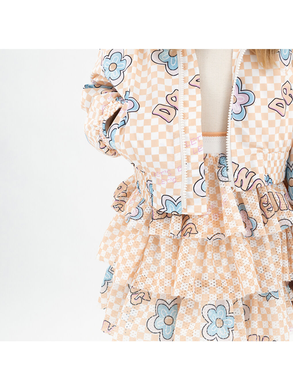 Pembe Kız Çocuk Dama ve Çiçek Desenli Somon Yağmurluk-9