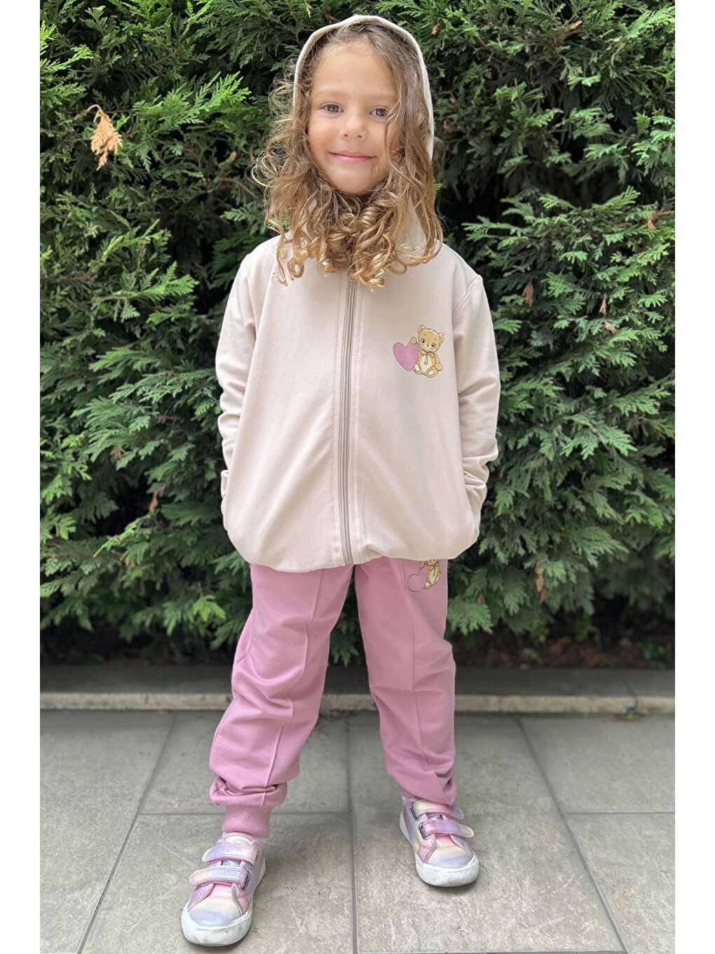 Kız Bebek Eşofman Takım Kalpli Bebek Ayıcık Baskılı Bej (1.5 Yaş)-1