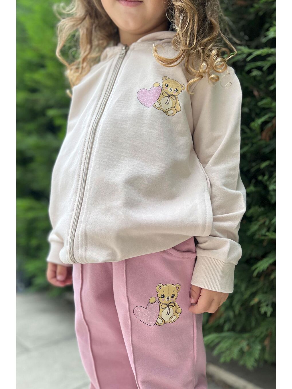 Kız Bebek Eşofman Takım Kalpli Bebek Ayıcık Baskılı Bej (1.5 Yaş)-2