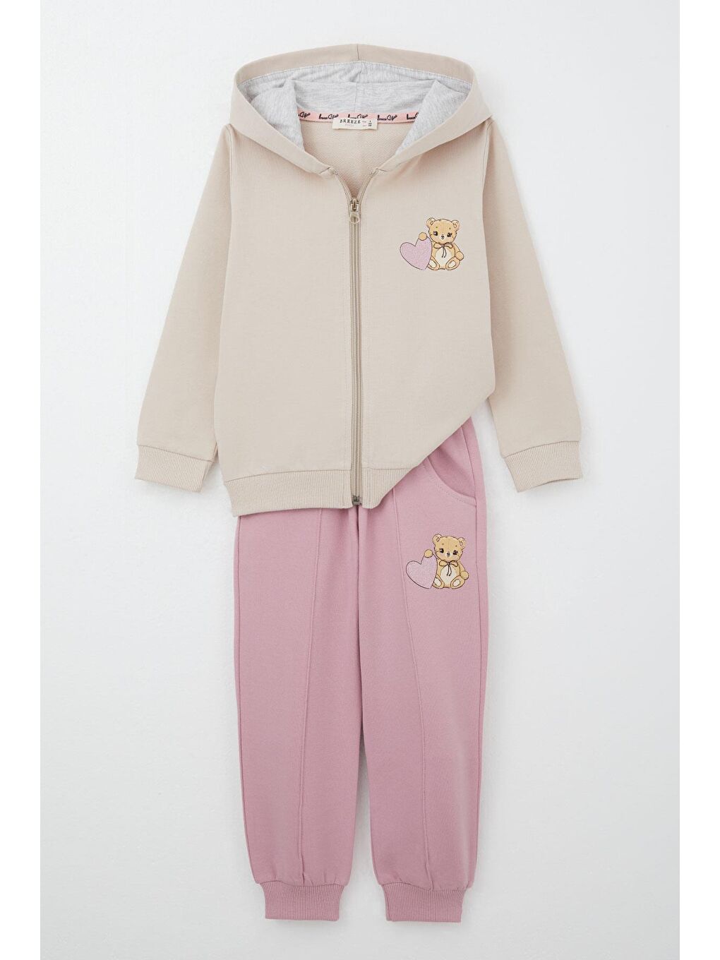Kız Bebek Eşofman Takım Kalpli Bebek Ayıcık Baskılı Bej (1.5 Yaş)-4