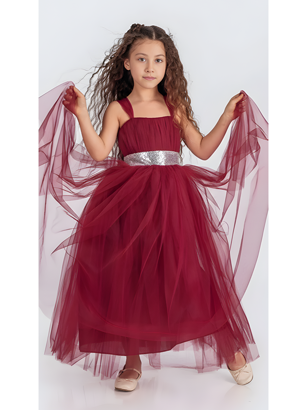 Bordo Sırt Gipeli Tütü Etek Kız Çocuk Saten Parti Abiye Elbise-2