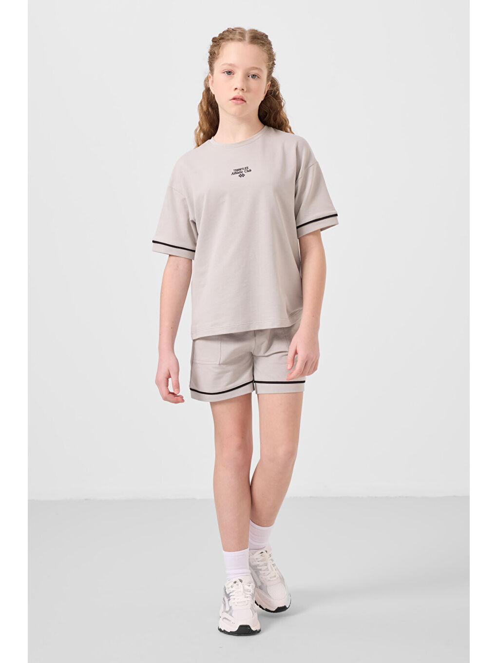 Bej Taş Pamuklu Yumuşak Dokulu Standart Fit Basic Kız Çocuk Şort Takım - 75183-4