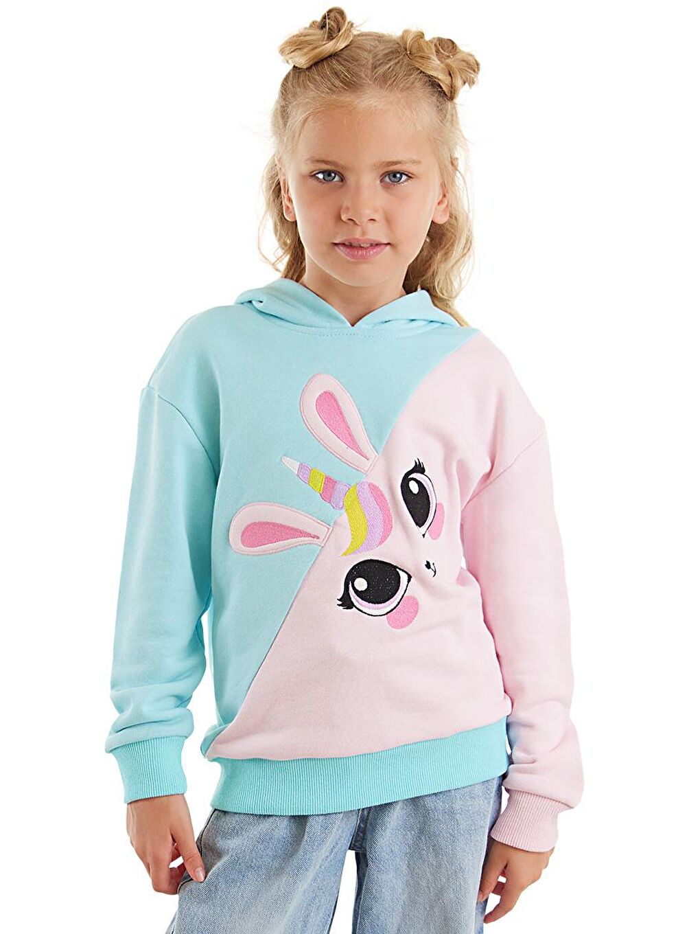 Denokids Mavi Unicorn Tavşan Kız Çocuk Sweatshirt