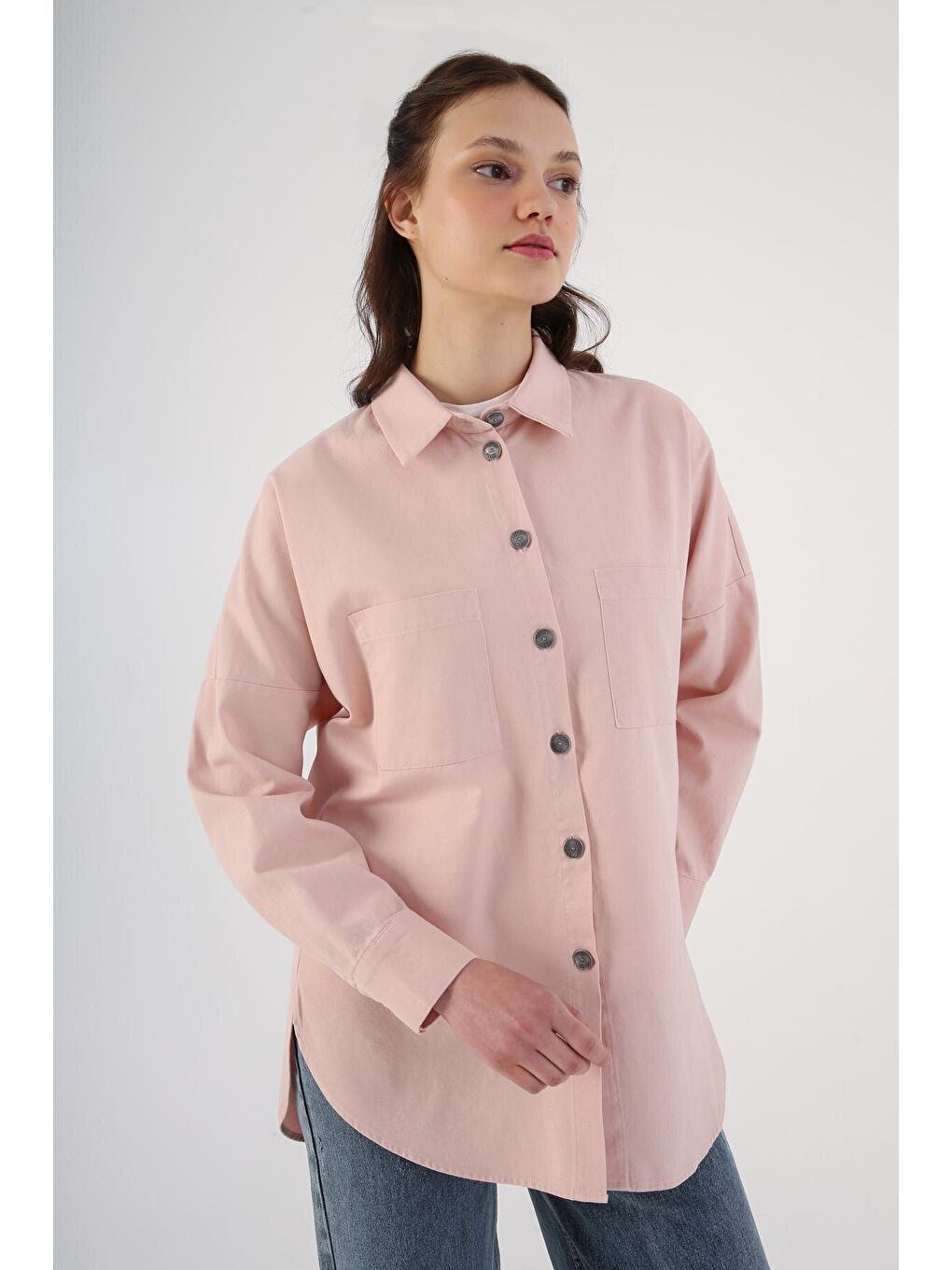 ALLDAY Açık Pembe %100 Pamuk Oversize Cepli Gömlek Tunik