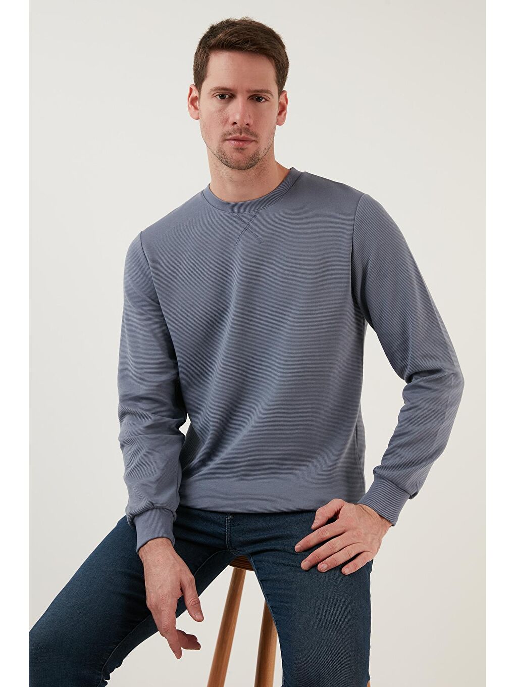 Mavi Çizgili Pamuklu Bisiklet Yaka Erkek Sweat 5905241