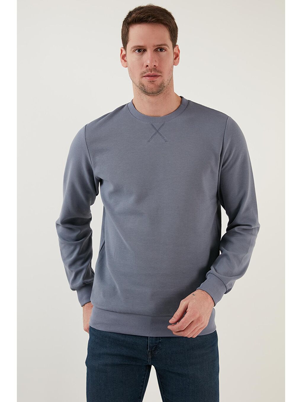 Mavi Çizgili Pamuklu Bisiklet Yaka Erkek Sweat 5905241-1