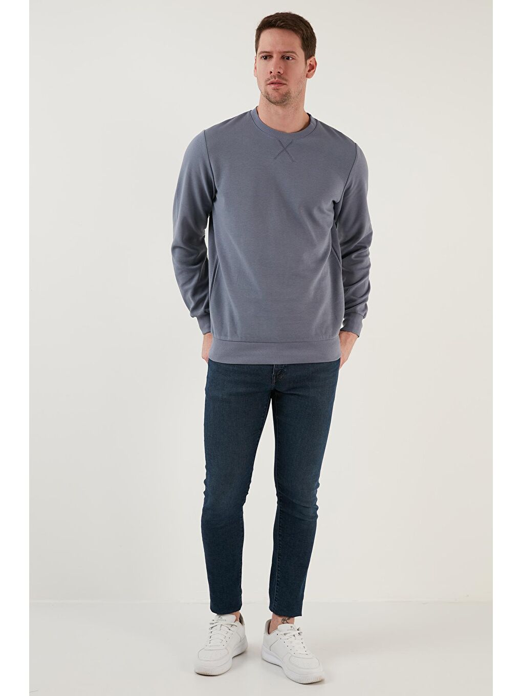 Mavi Çizgili Pamuklu Bisiklet Yaka Erkek Sweat 5905241-2