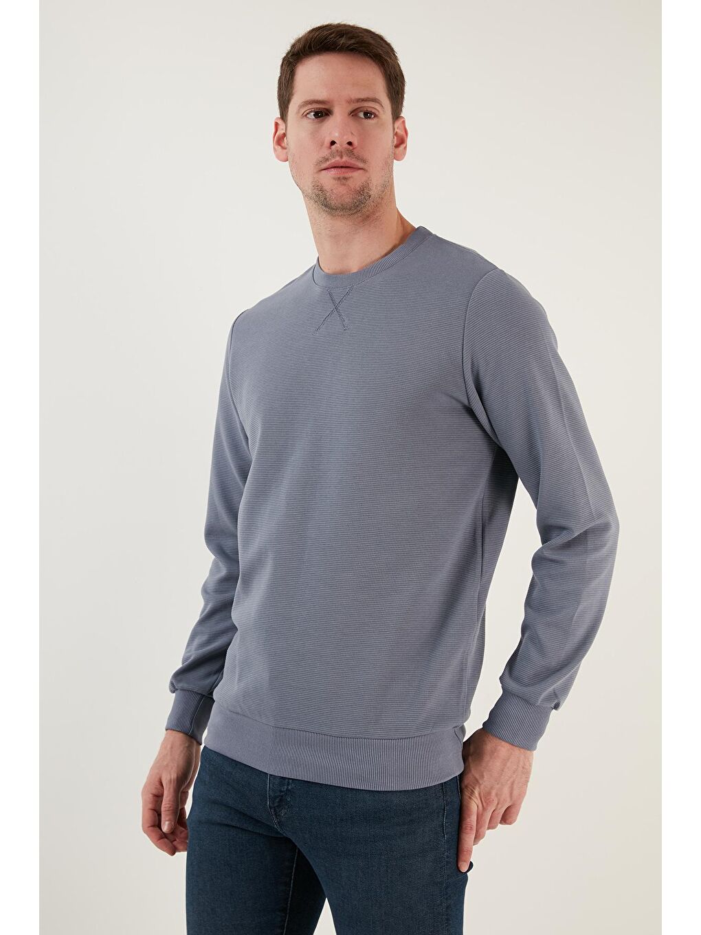 Mavi Çizgili Pamuklu Bisiklet Yaka Erkek Sweat 5905241-3