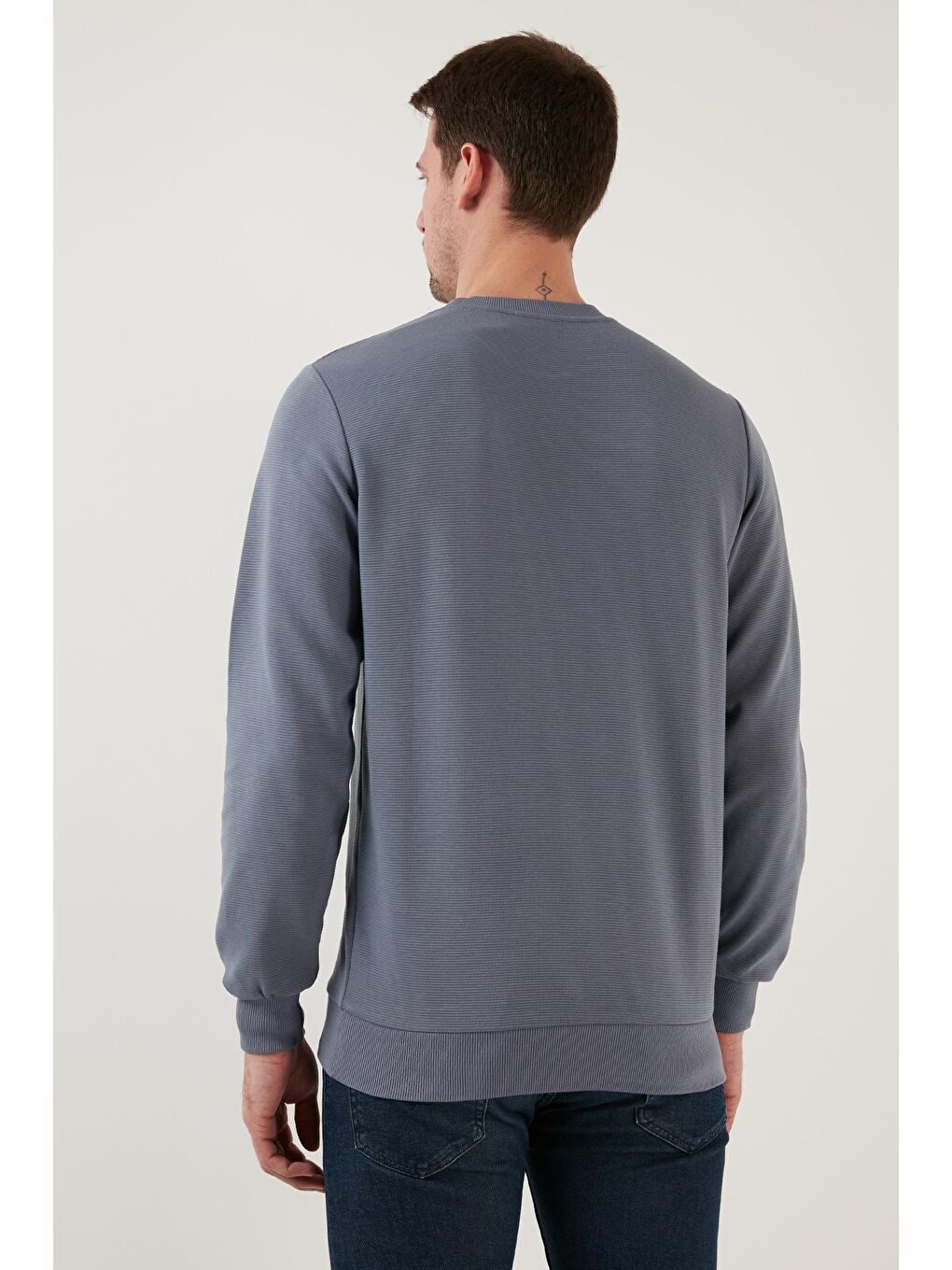 Mavi Çizgili Pamuklu Bisiklet Yaka Erkek Sweat 5905241-4