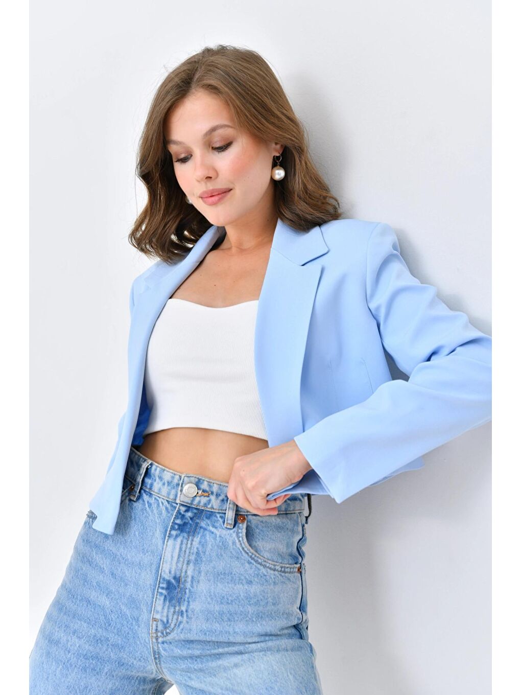 Parkkaron Bebek Mavisi Kadın Kruvaze Crop Blazer Ceket