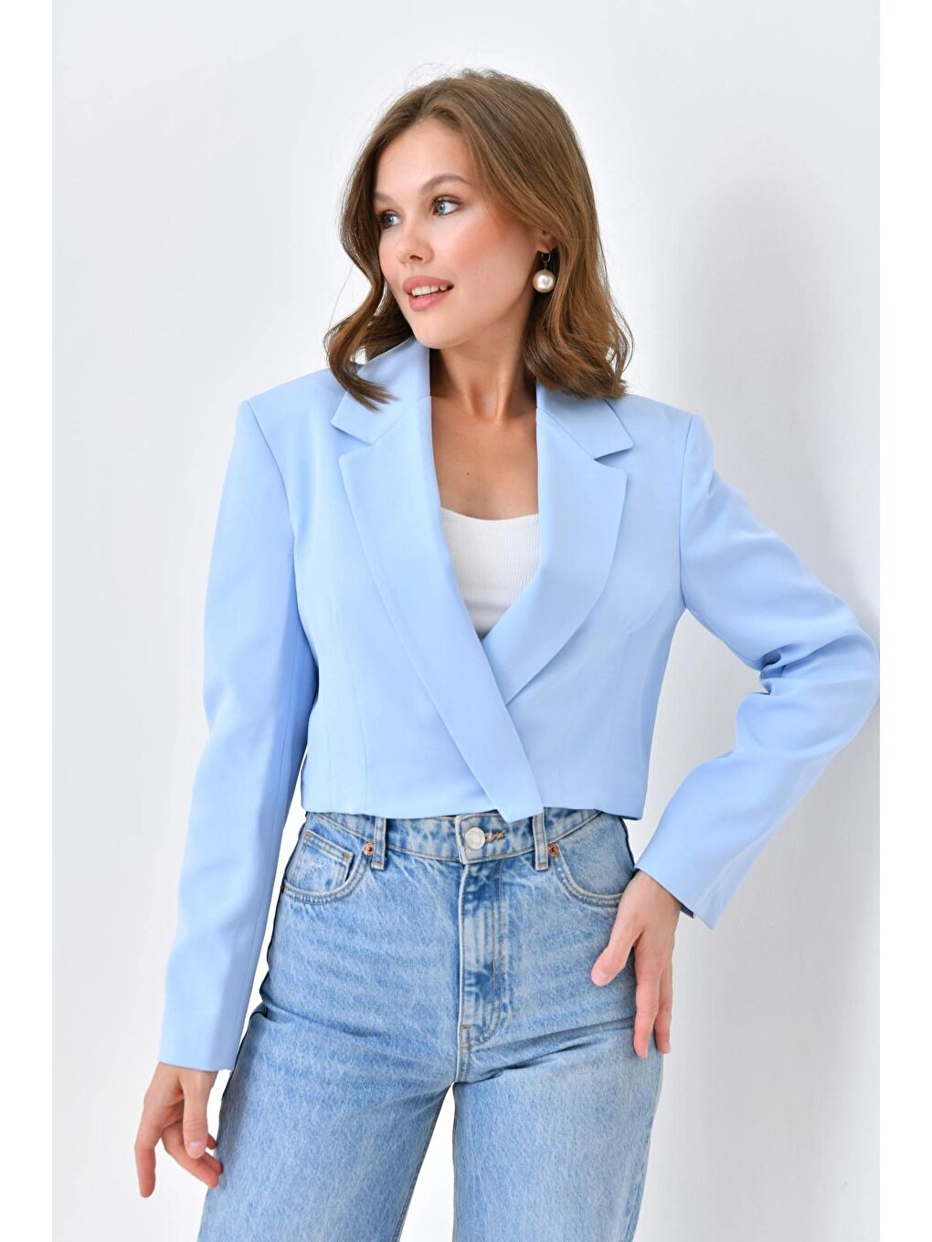 Parkkaron Bebek Mavisi Kadın Kruvaze Crop Blazer Ceket - 1