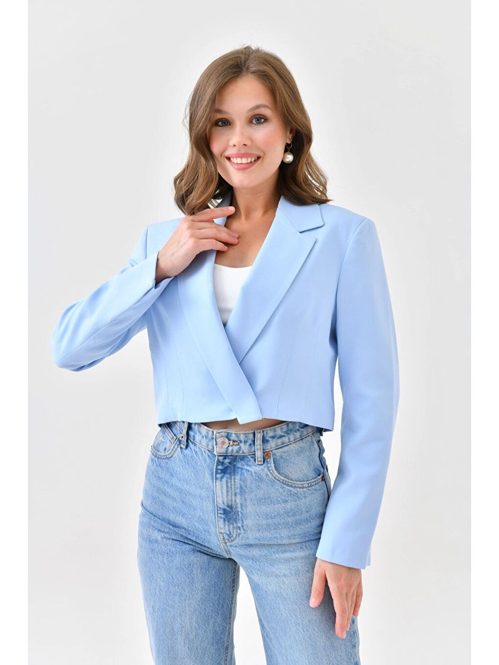 Parkkaron Bebek Mavisi Kadın Kruvaze Crop Blazer Ceket - 2