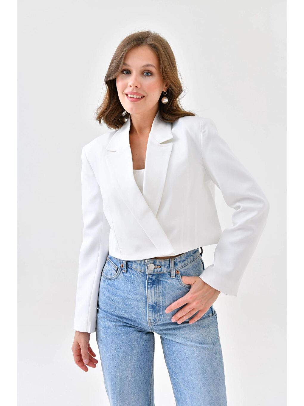 Ekru Kadın Kruvaze Crop Blazer Ceket-1