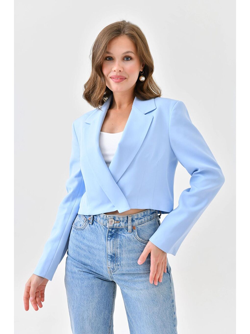 Parkkaron Bebek Mavisi Kadın Kruvaze Crop Blazer Ceket - 3