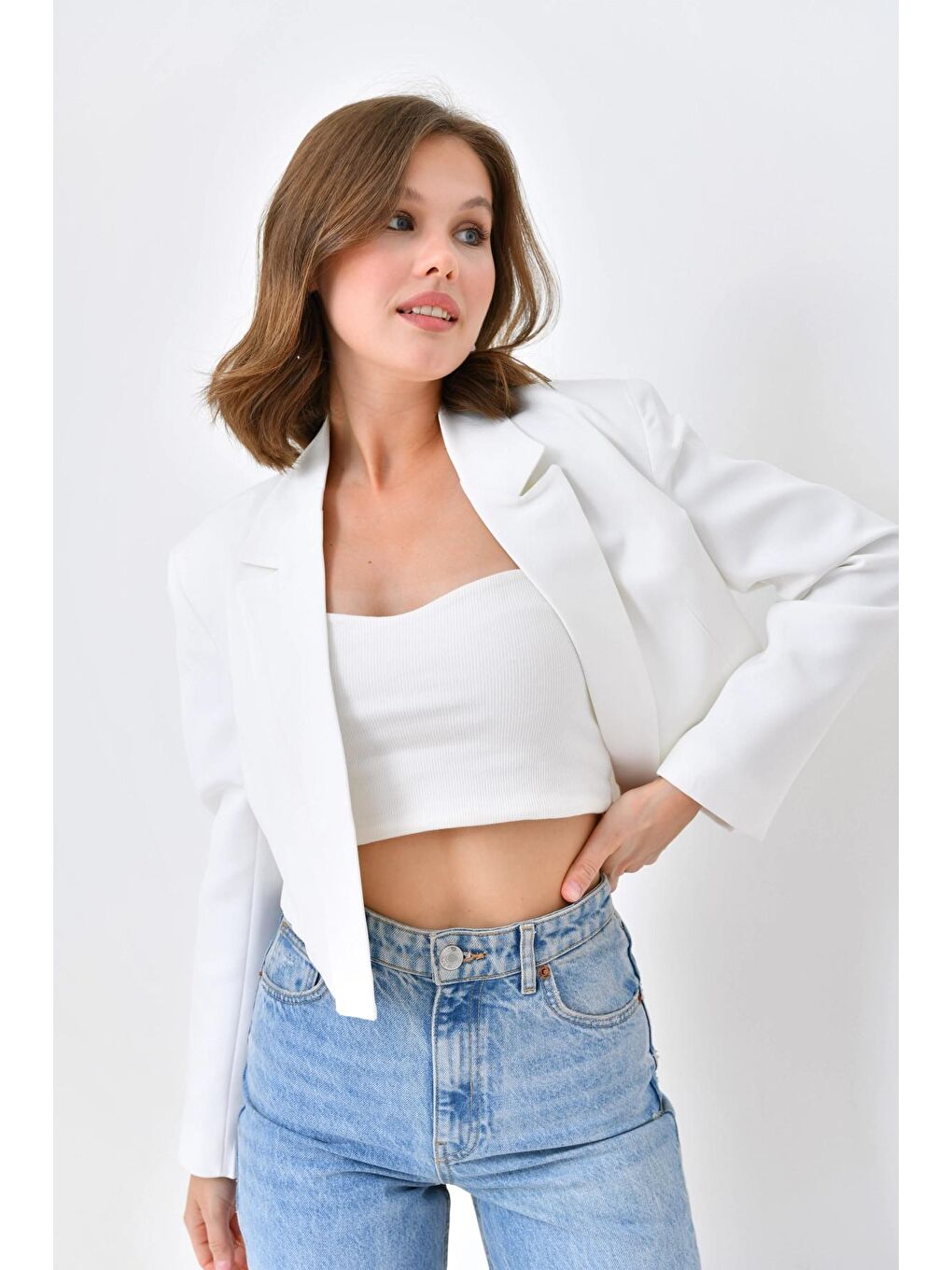 Ekru Kadın Kruvaze Crop Blazer Ceket-2