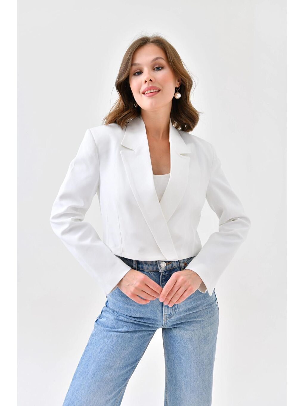 Ekru Kadın Kruvaze Crop Blazer Ceket-3