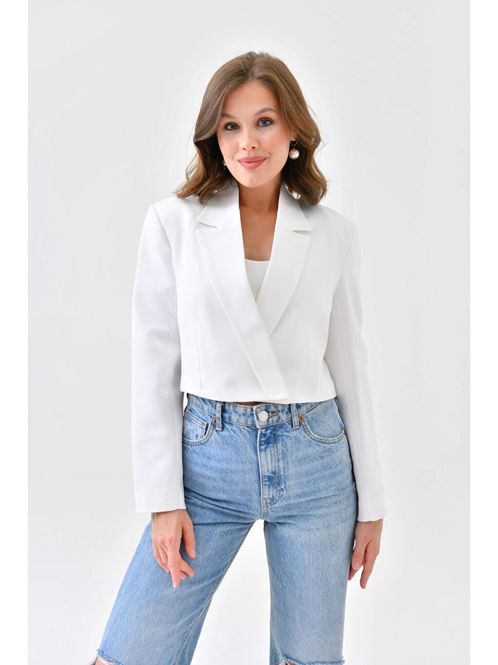 Ekru Kadın Kruvaze Crop Blazer Ceket-4