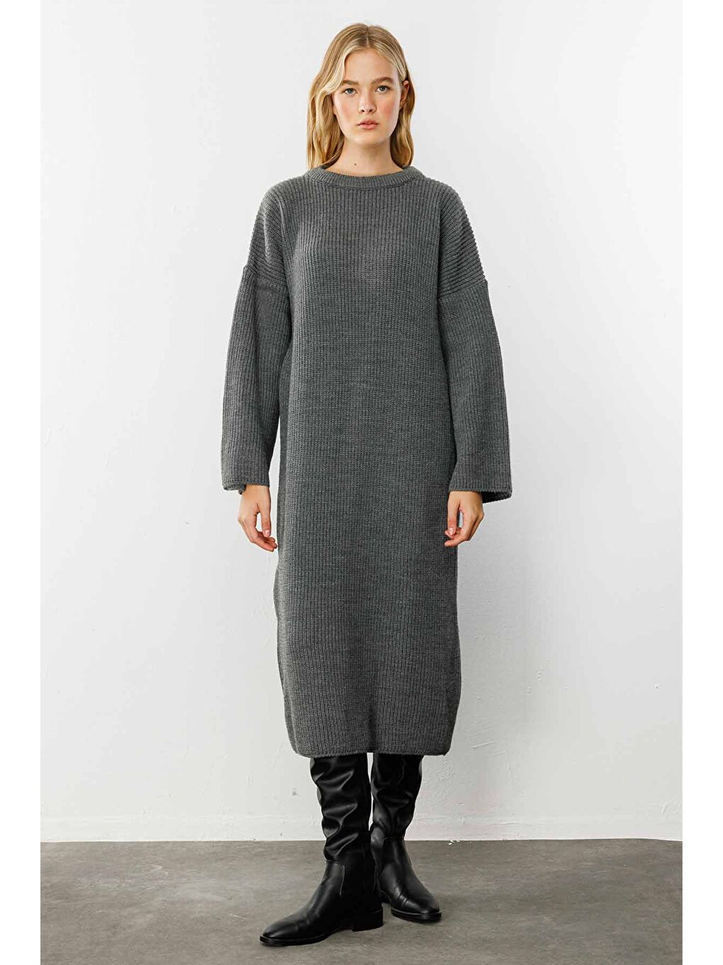 Triko Elbise - Antrasit-3