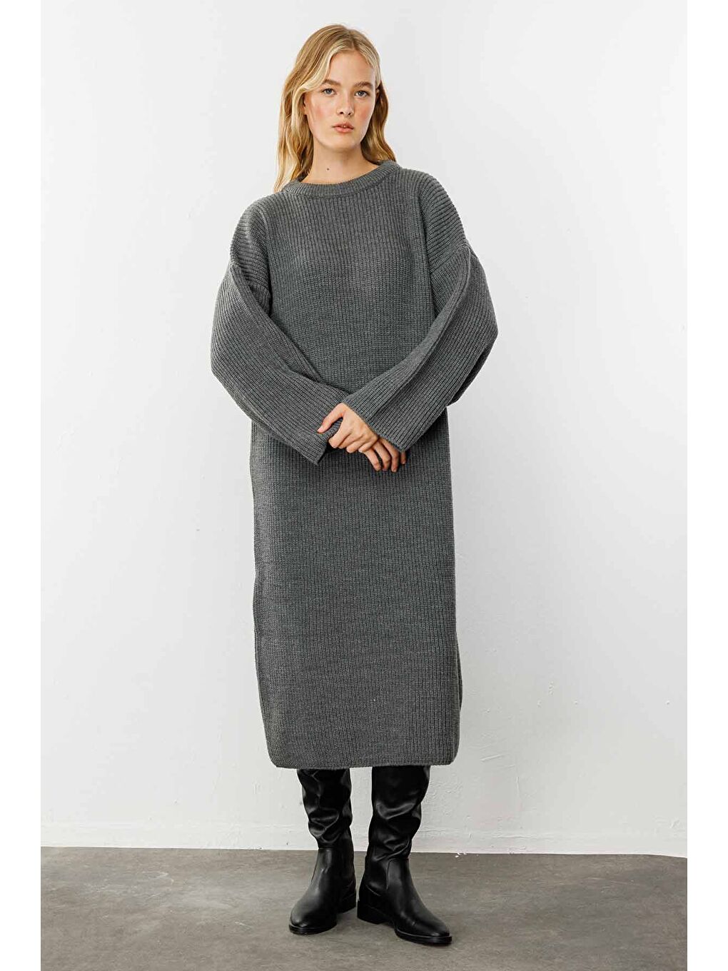 Triko Elbise - Antrasit-4